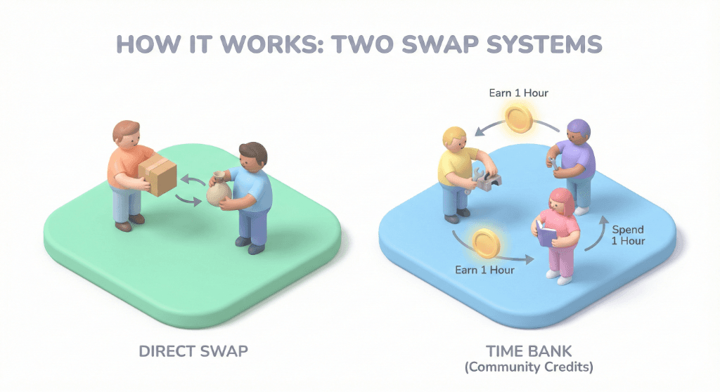 How it works: Two swap systems - Direct Swap and Time Bank